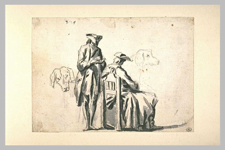 Deux hommes coiffés d'un tricorne, l'un debout lisant, l'autre assis_0