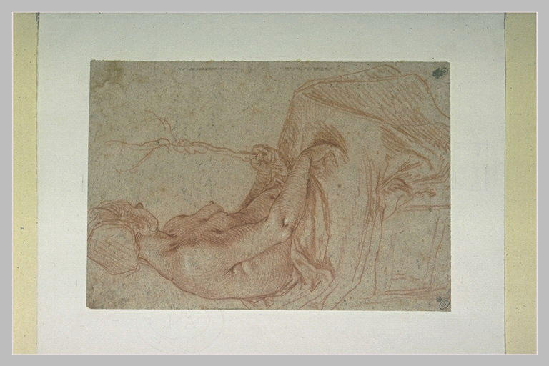 Femme au torse nu assise, de profil, à droite, tenant à la main une baguette_0