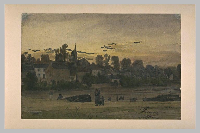 Village au bord d'une rivière, au soleil couchant_0