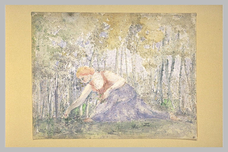 Femme cueillant des fleurs dans un bois_0