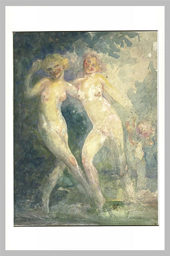 Deux femmes et un enfant nus, dansant, dans un paysage_0
