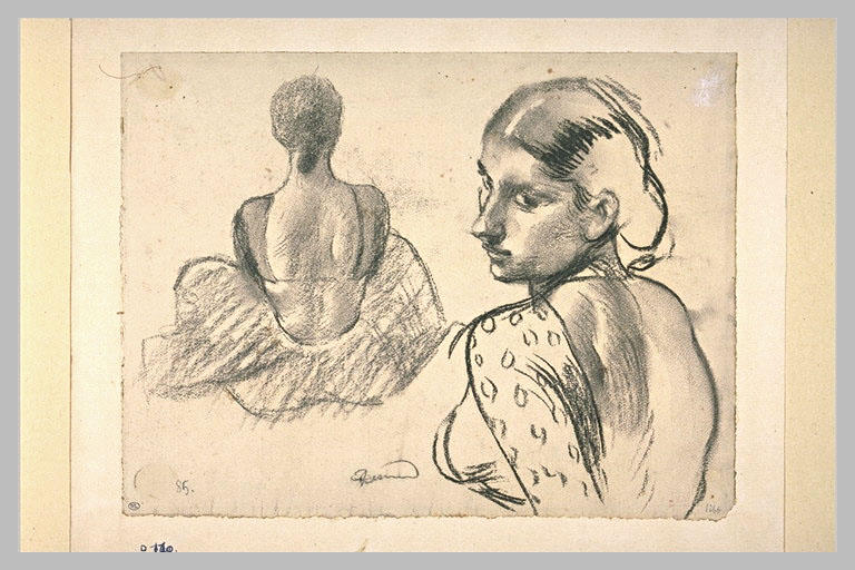Femme assise en tailleur, de dos, et buste de femme se retournant_0