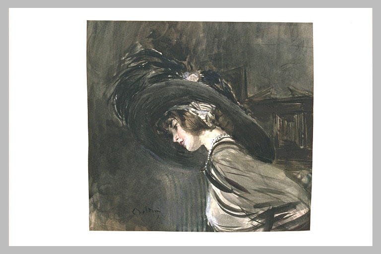 Jeune femme coiffée d'un très grand chapeau orné de plumes_0