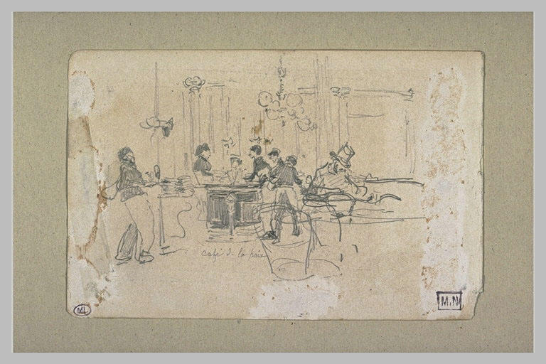 Intérieur de café avec un homme assis à droite, et plusieurs serveurs_0