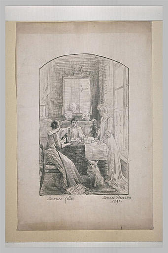 Trois jeunes filles dans un intérieur, dont deux sont assises à une table_0