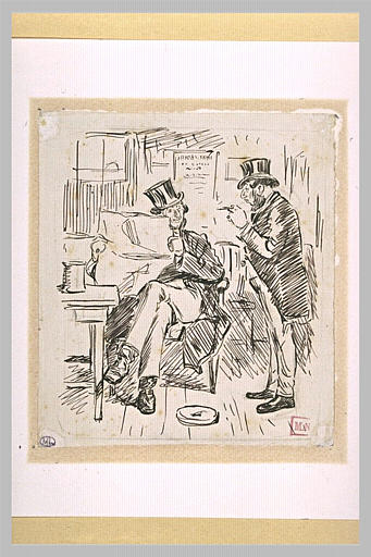 Un homme lisant un journal conversant avec un autre homme debout_0