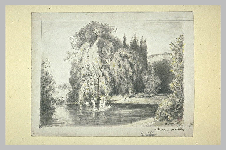 Douce matinée : personnages se baignant près d'un saule_0