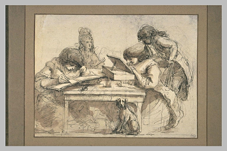 Deux hommes écrivant à une table, entourés de deux personnages_0