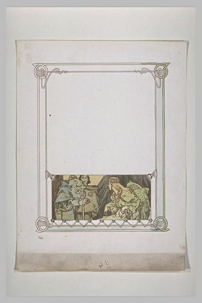 Etude pour Ilsée, chapitre III : Femme assise, regardant un moine barbu tenant un bâton orné d'une croix_0