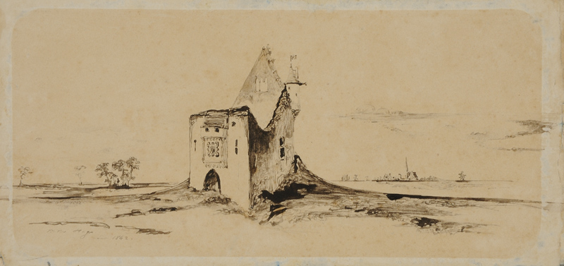 Paysage avec un burg en ruine au bord d'un étang, Victor Hugo, 1842