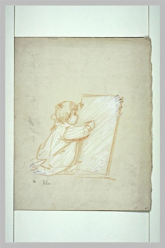 Paulette enfant, à genoux, dessinant sur une grande feuille_0