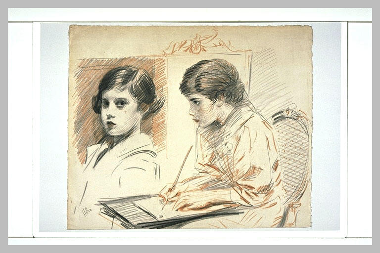Paulette assise, de trois quarts à gauche, dessinant ; Paulette, en buste_0