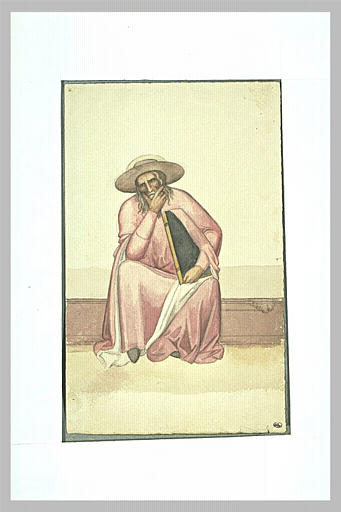 Personnage assis, tenant un grand livre sous le bras gauche_0