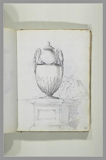Projet de vase monumental, placé sur un piédestal auquel s'accoudent deux..._0