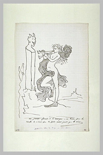 Scène caricaturale : figure jouant d'un instrument devant un terme_0