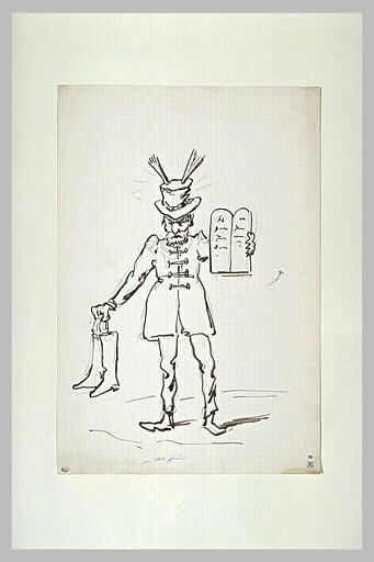 Croquis caricatural : personnage barbu, tenant à la main ses chaussures_0