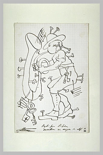 Croquis caricatural : personnage soufflant dans un instrument à vent_0