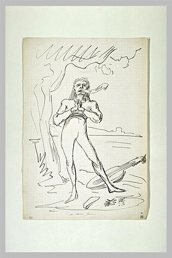 Croquis caricatural d'un jeune musicien sous un arbre_0