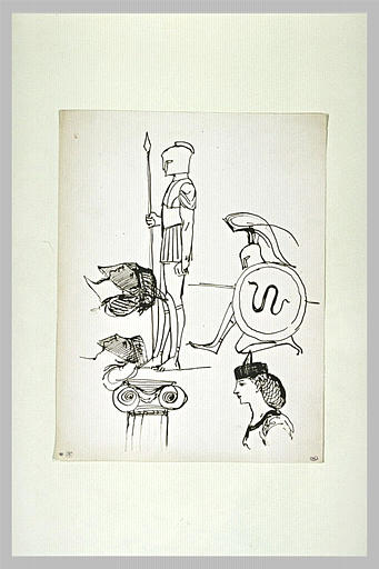 Guerriers grecs ; chapiteau ; têtes de femme portant voilette_0