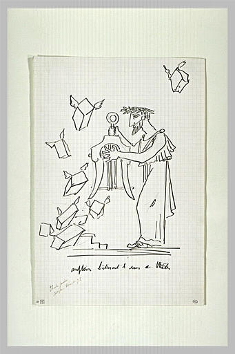 Croquis caricatural : personnage drapé à l'antique, construisant un édifice_0
