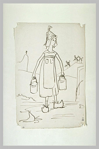 Croquis caricatural : paysanne hollandaise, en sabots, portant des seaux_0
