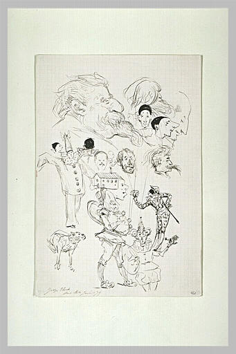 Feuilles d'études de têtes ; Pierrot ; Arlequin ; Polichinelle ; chien_0