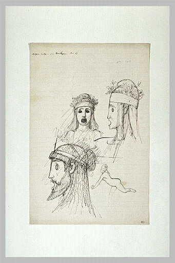 Etudes : trois têtes ornées de masques de théâtre antique et une femme_0
