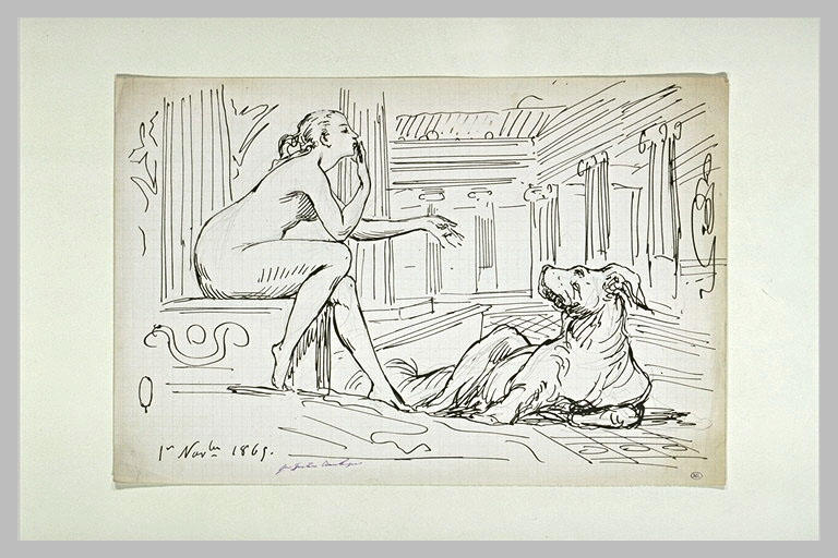 Dans un palais, femme nue, assise, envoyant un baiser à un chien_0