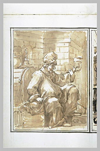 Polichinelle dans une cave, assis près d'un tonneau_0