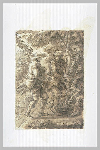 Trois pêcheurs dans une forêt, avec un chien_0