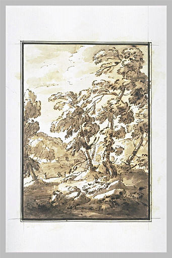 Paysage boisé avec une ferme dans le lointain_0