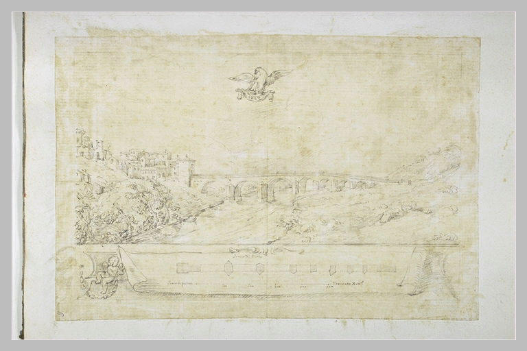 Vue et plan d'un pont conduisant à une ville_0