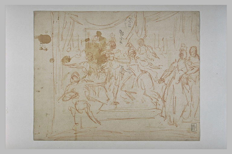 Plusieurs figures s'adressent à un personnage assis sous un baldaquin_0