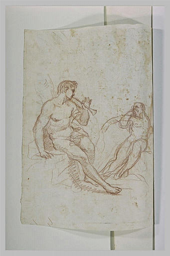 Un homme nu, assis , jouant d'un instrument de musique et une autre figure_0