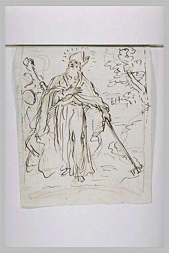 Un évêque tenant un râteau et une figure semblant bêcher : saint Fridien_0