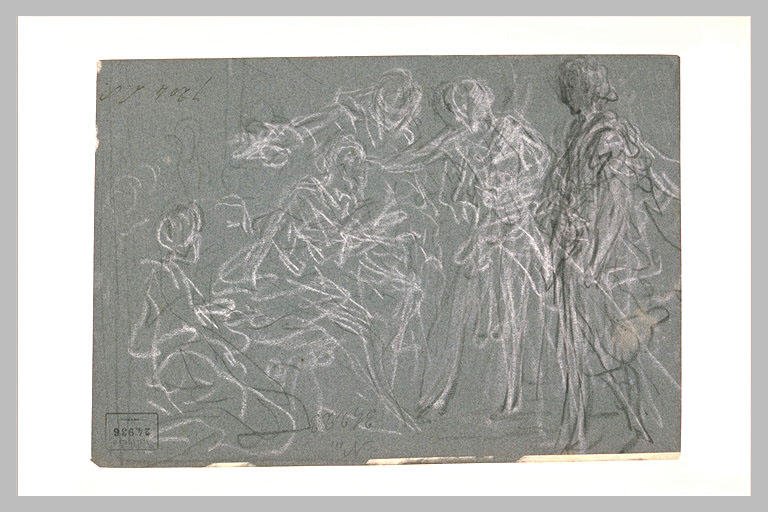 Deux figures s'approchant d'un personnage assis_0