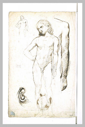 Etudes : jeune homme debout, une main sur la hanche ; reprise ; bras ; oreille_0