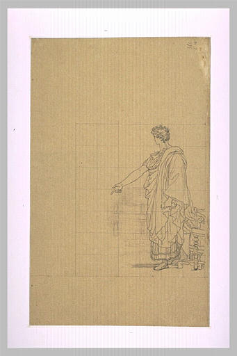 Homme drapé à l'antique, debout à côté d'un siège, désignant le sol_0
