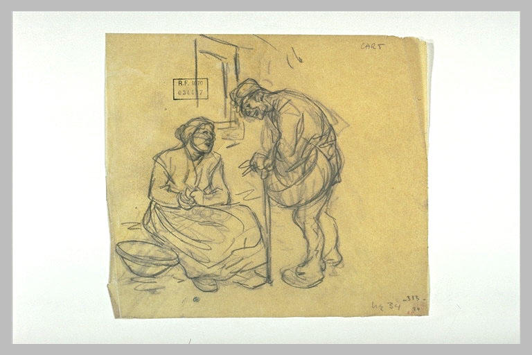 Homme debout se penchant vers une femme assise, épluchant des légumes_0