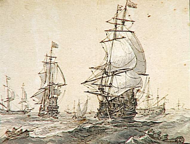 TROIS BARQUES ET SIX VAISSEAUX EN RADE, Adrien Manglard, 18e siècle