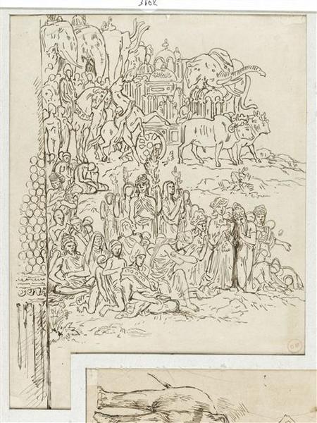Étude d'un groupe d'indiens, char à palanquin tiré par deux zébus, cavaliers et éléphants, pour Le Triomphe d'Alexandre_0