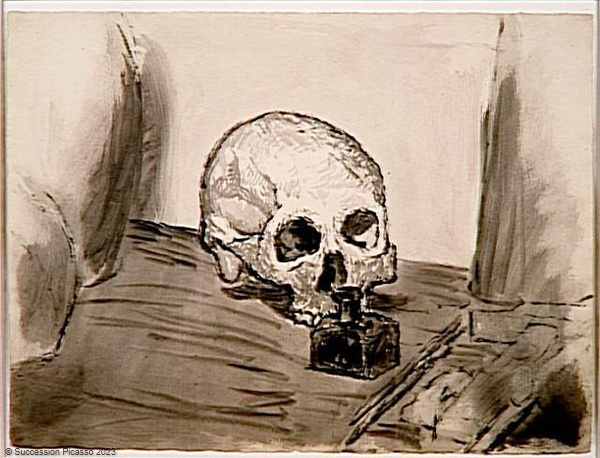 Nature morte: crâne, encrier et marteau_0