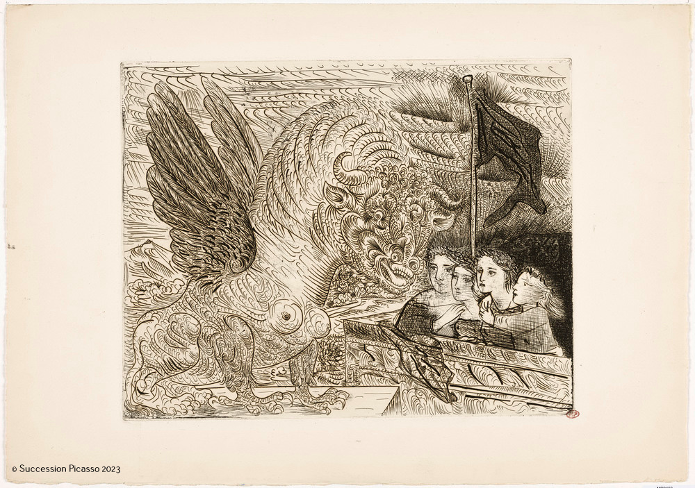 Harpye à tête de taureau, et quatre petites filles sur une tour surmontée d'un drapeau noir_0