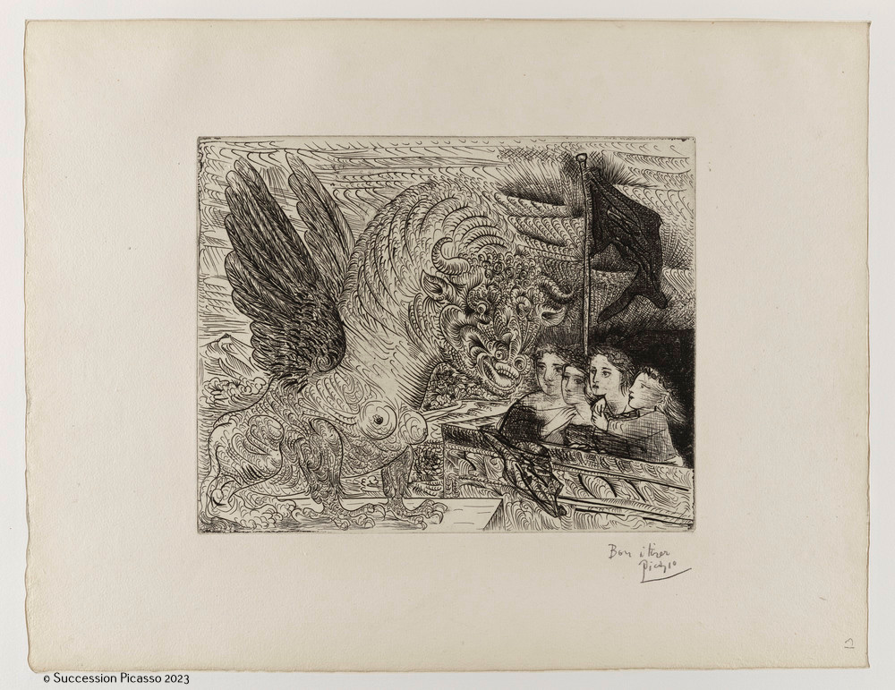 Harpye à tête de taureau et quatre petites filles sur une tour surmontée d'un drapeau noir_0