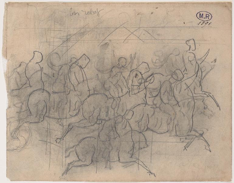 Groupe de cavaliers et de centaures (recto) ; Personnage ailé, personnage assis, jambe couverte d'écailles (verso)_0