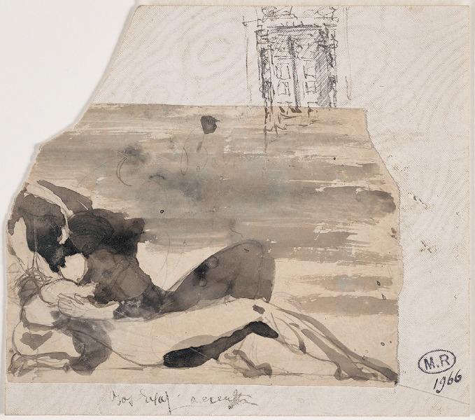 Femme allongée enlaçant un enfant et croquis de la Porte de l'Enfer  (recto) ; Personnage nu allongé (verso)_0