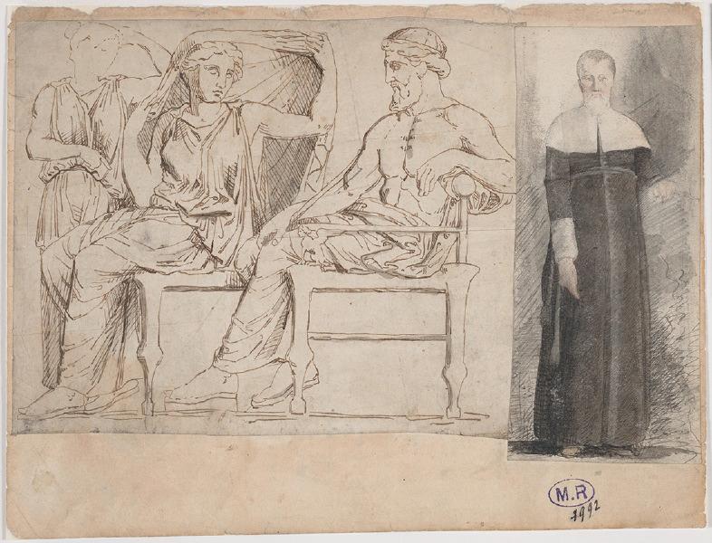 Zeus, Héra et Iris, copie de la frise ionique est du Parthénon, sur la droite, portrait d'un ecclésiastique (recto) ; Bustes et croquis divers (verso)_0