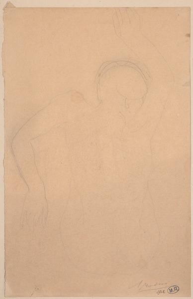 Femme nue de dos, assise, le bras droit levé_0