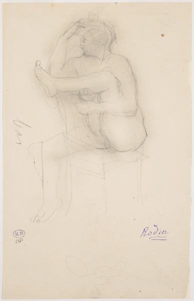 Femme nue assise sur une chaise une jambe posée sur le dossier_0