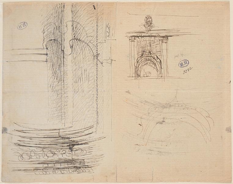 Moulures de pilastre, couronnement de porte en accolades et fleurons à Toulouse ? (recto) ; Voussure et façade de la cathédrale Notre-Dame de Rodez (verso)_0